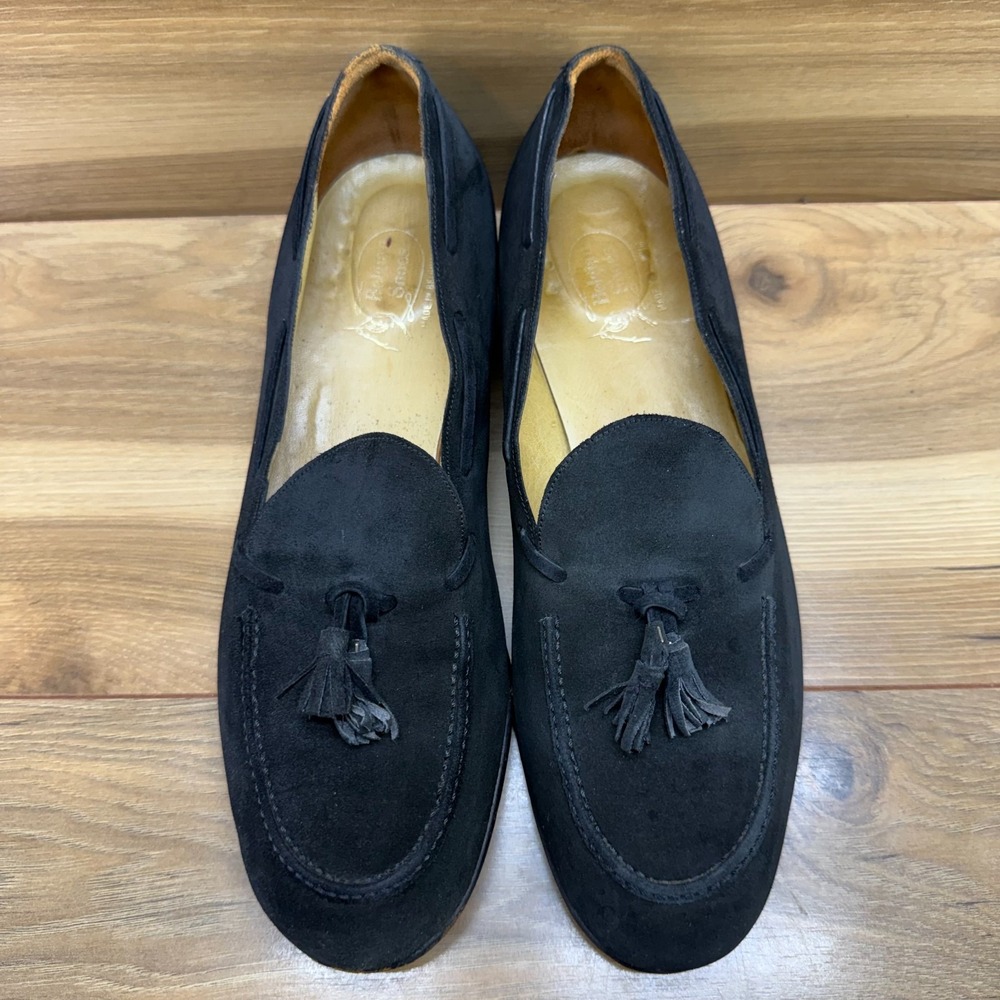BELGIAN SHOES Vintage Black Tassel Loafers Mens 10? Suede Formal Handmade Dress